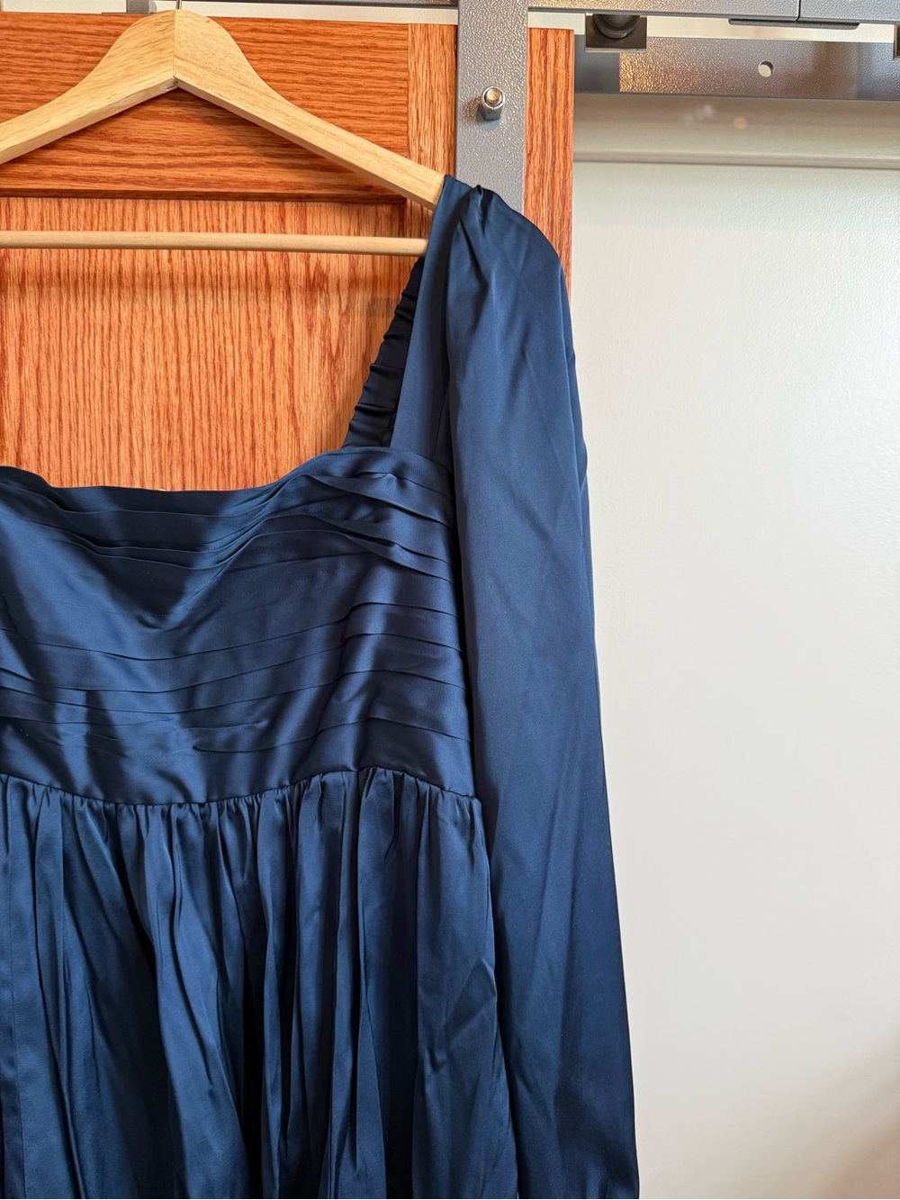 Navy Satin Pleated Bodice Dress